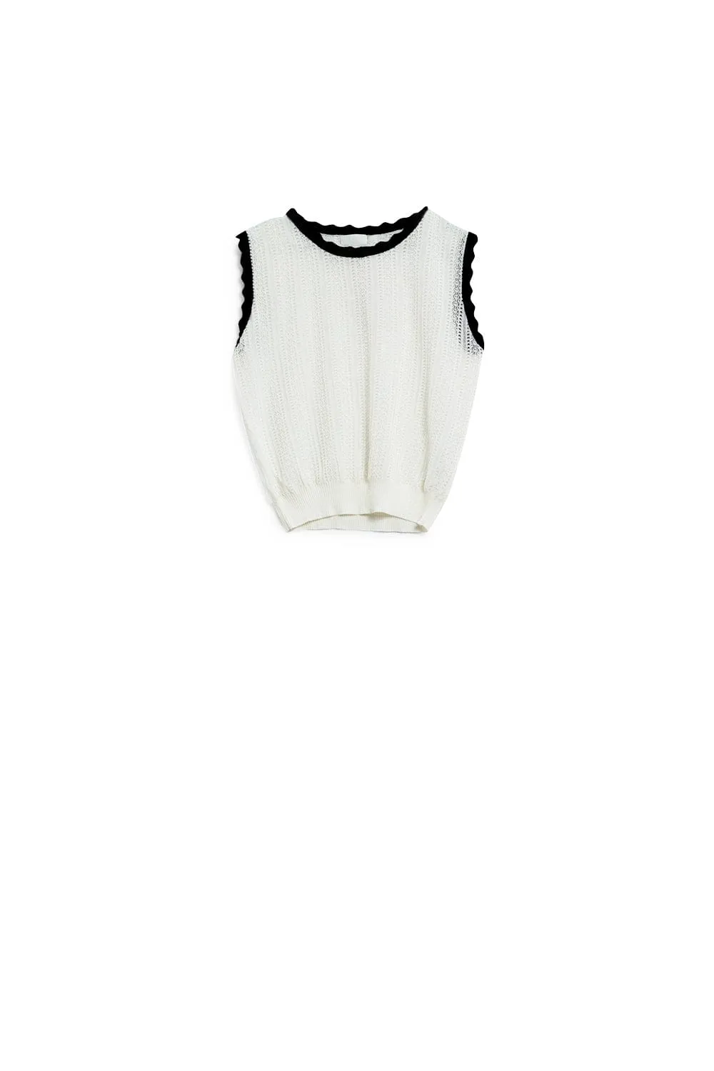 White Knitted Pointelle Top With Black Wavy Trim