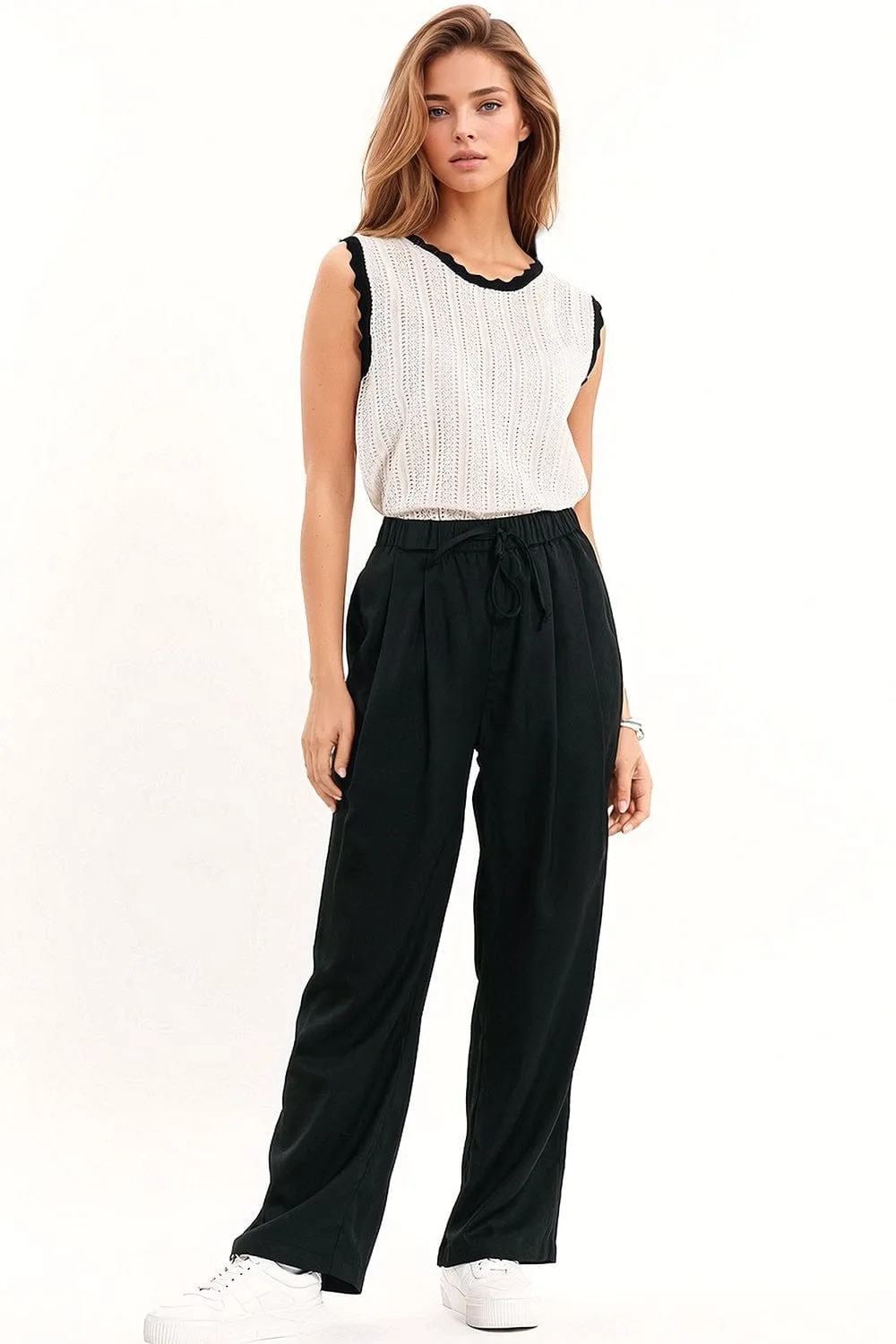 White Knitted Pointelle Top With Black Wavy Trim