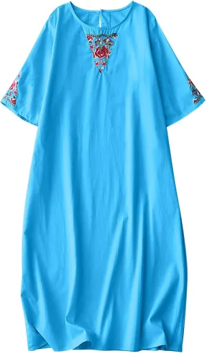Women Embroidered Shirt Dress Fashion Summer Cotton Linen Dresses Casual Plus Size Summer Beach Maxi Dresses