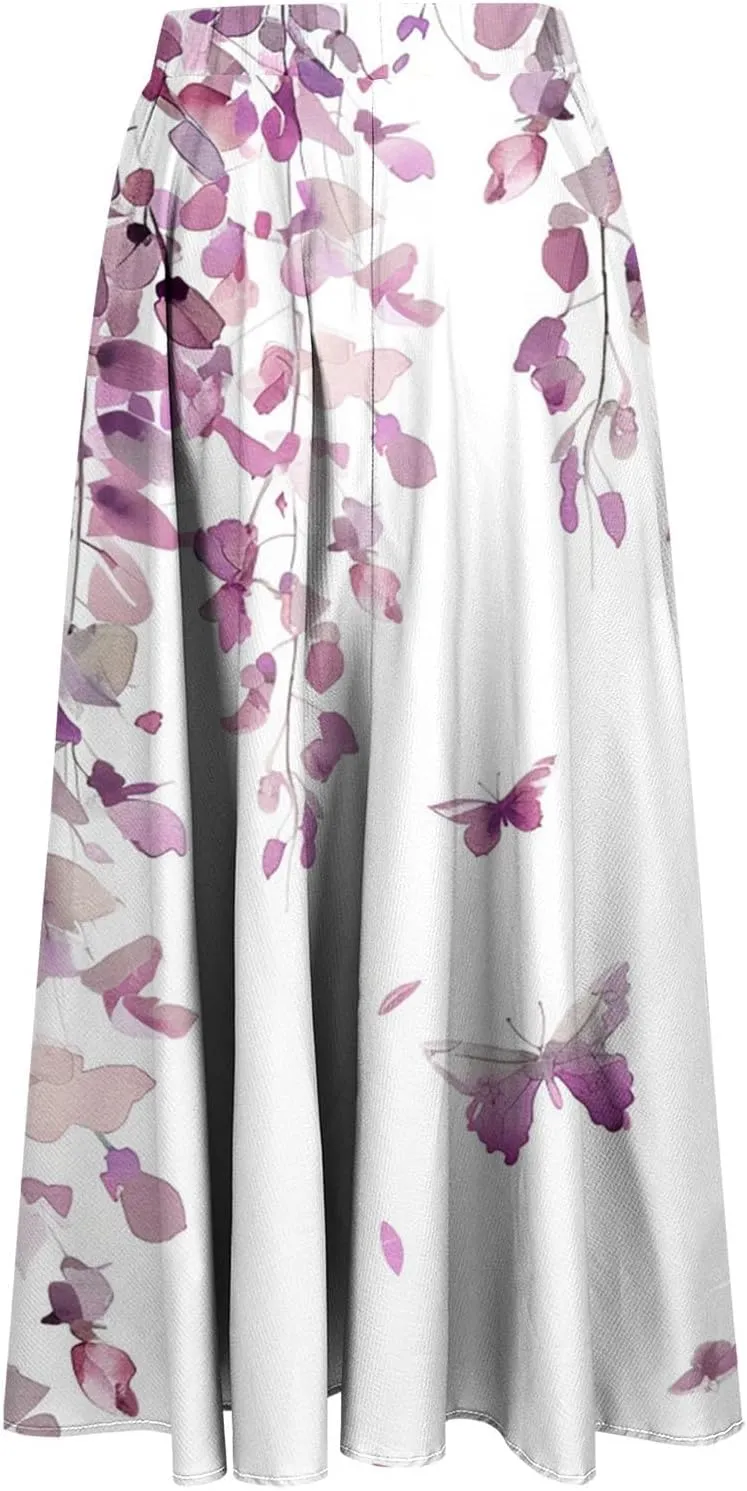 Womens 2024 Flowy Maxi Skirt Fall Elegant Pleated High Waisted Classic Long Skirts with Pocket Comfy Dress for Ladies