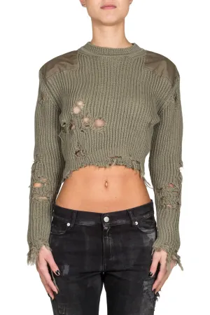 Womens Destroyed Cropped Sweater With Patches