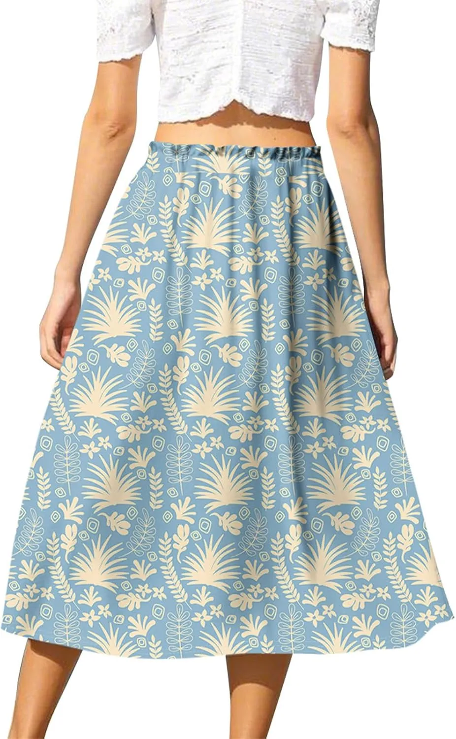 Womens Work Skirts Summer Drawstring Elastic Waist Midi Skirt Work A Line Floral Print Smocked Knee Length Skirts