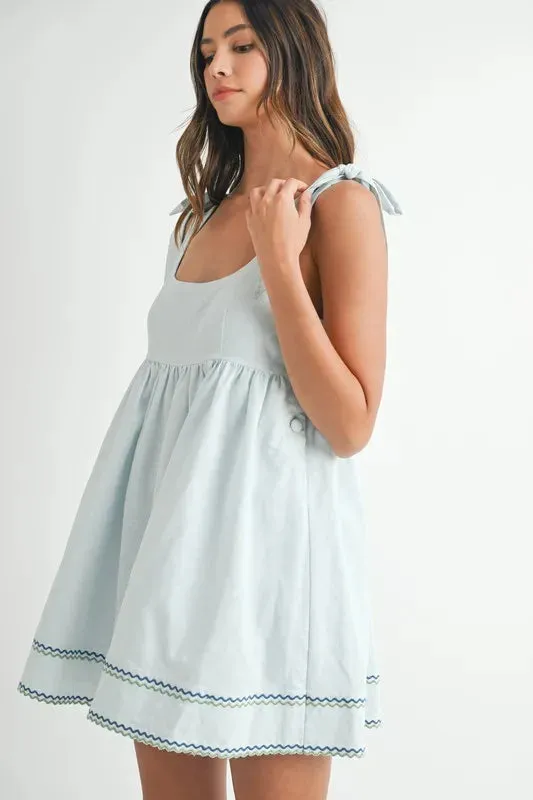 Zig Zag Embroidered Shoulder Tie Mini Dress